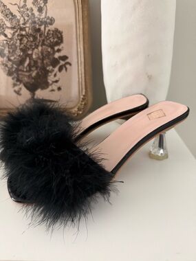 Black Feather Mule Heels - Women Shoes